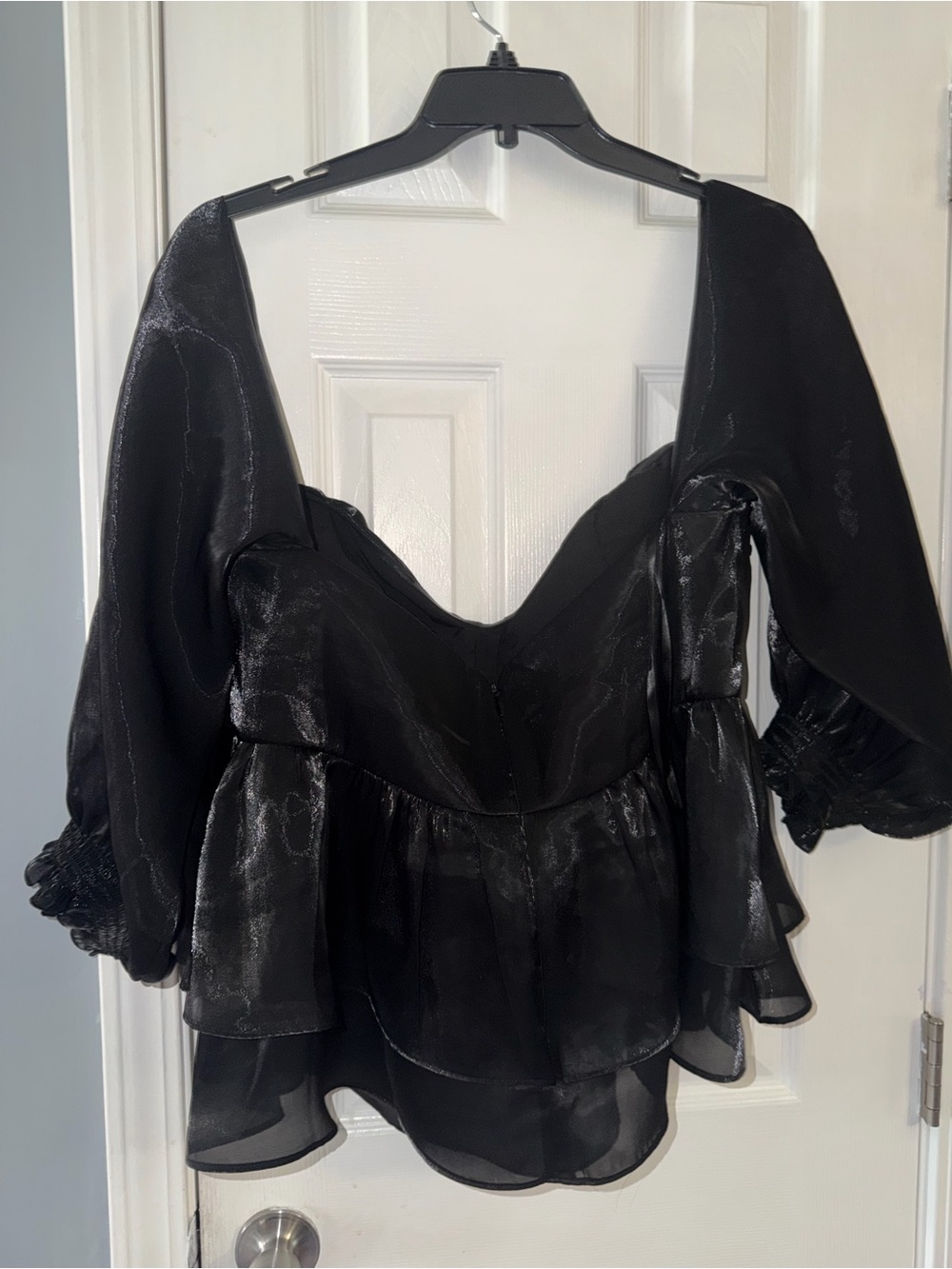 Black Satin Puff-Sleeve Women's Top - Picture 4 of 5
